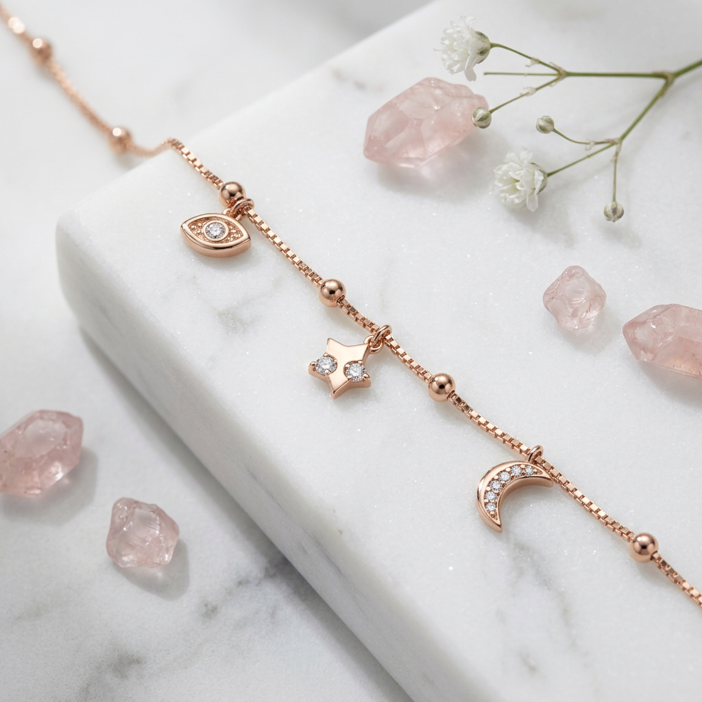 Extreme macro shot highlighting the intricate pavé stones on a rose gold crescent moon and star talisman.