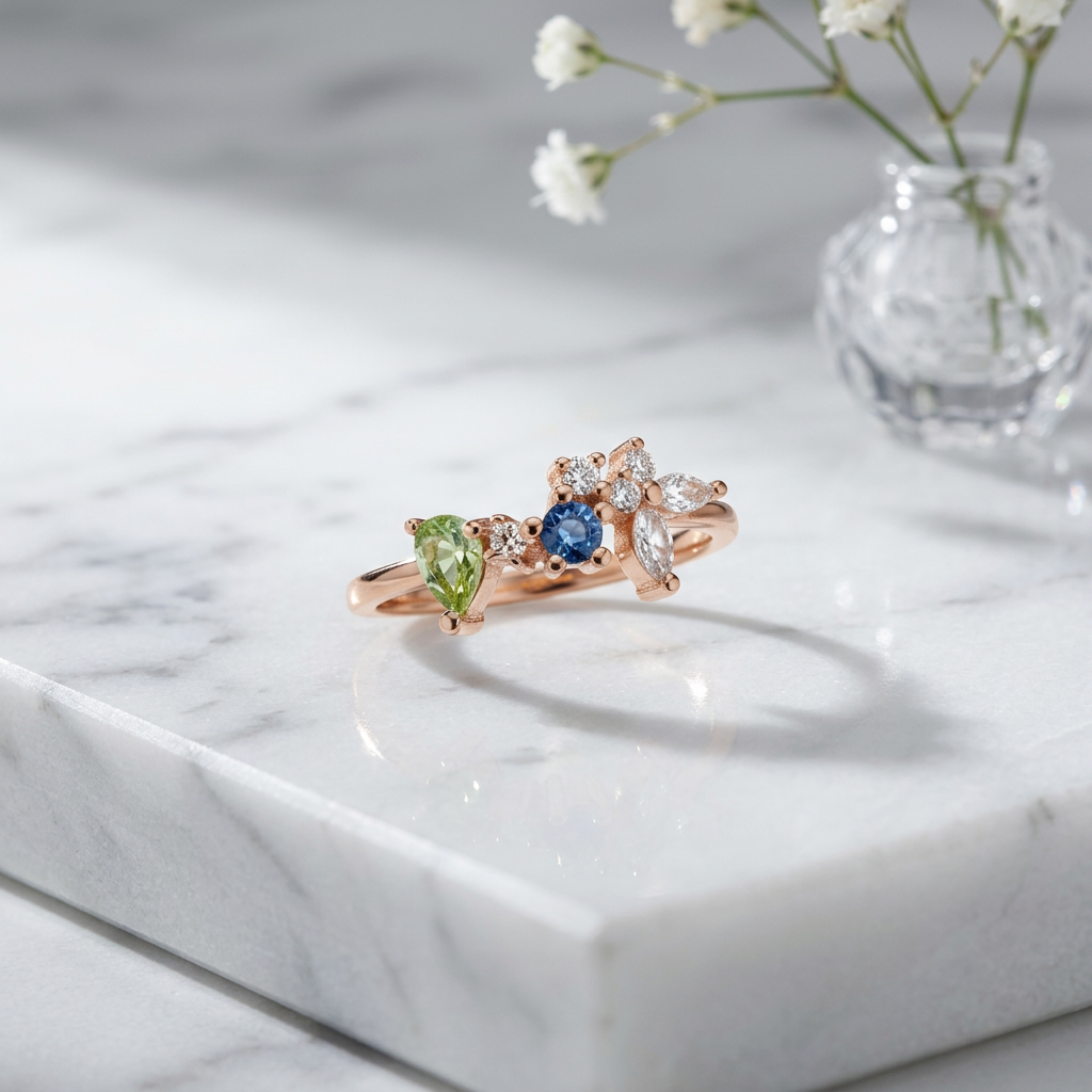 An asymmetric rose gold cluster ring featuring an organic arrangement of pear and marquise gemstones in ocean blue hues.