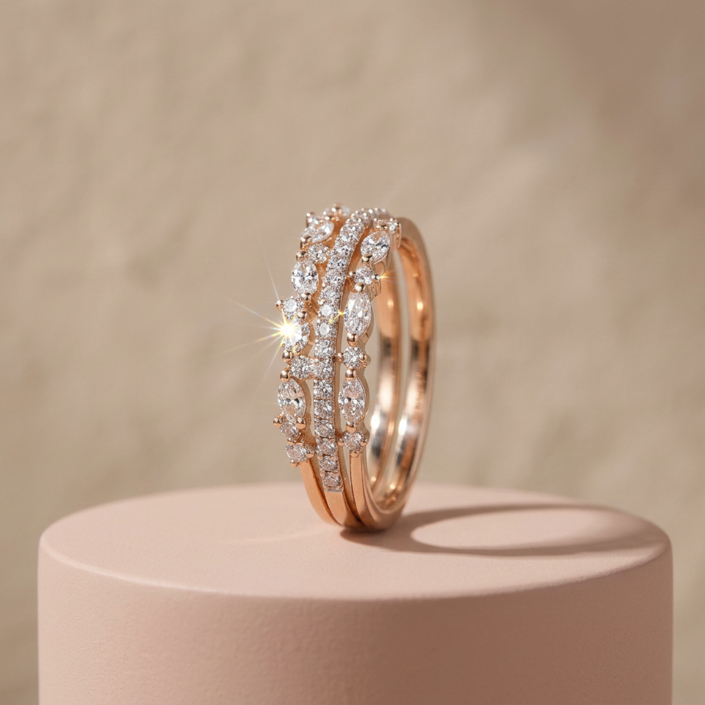Architectural rose gold crown ring with symmetry-aligned marquise stones styled as a minimalist stack on a finger.