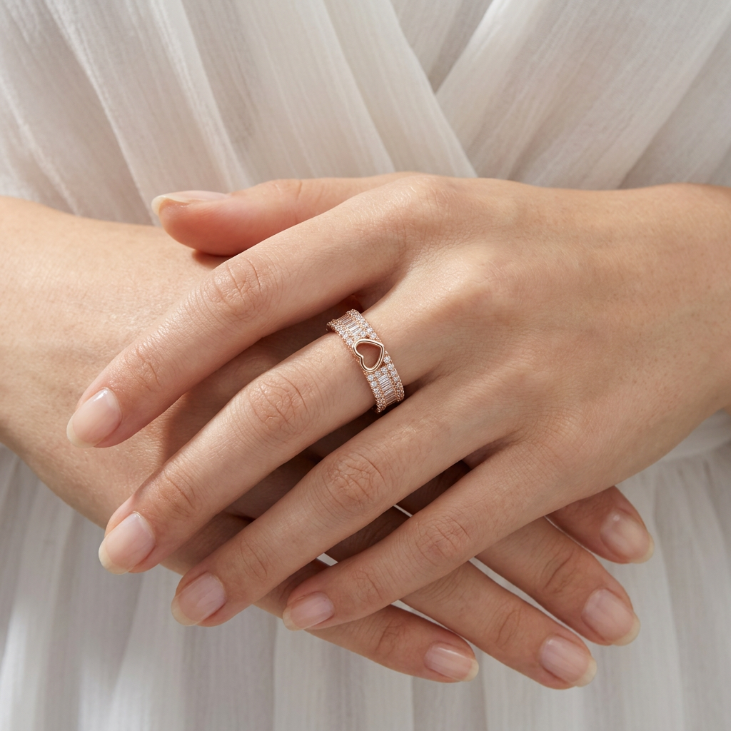 Front view of a wide rose gold heart ring framed by crisp baguette stones and fine pavé borders on a polished band.
