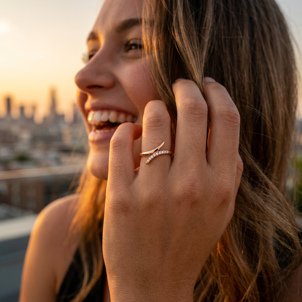 A sophisticated modern ring stack featuring a sculptural rose gold open bypass band with luminous pavé crystals.