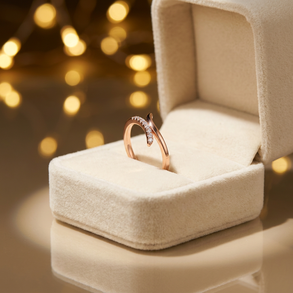 A sculptural rose gold open modern ring nestled inside a premium, elegant velvet jewelry gift box.