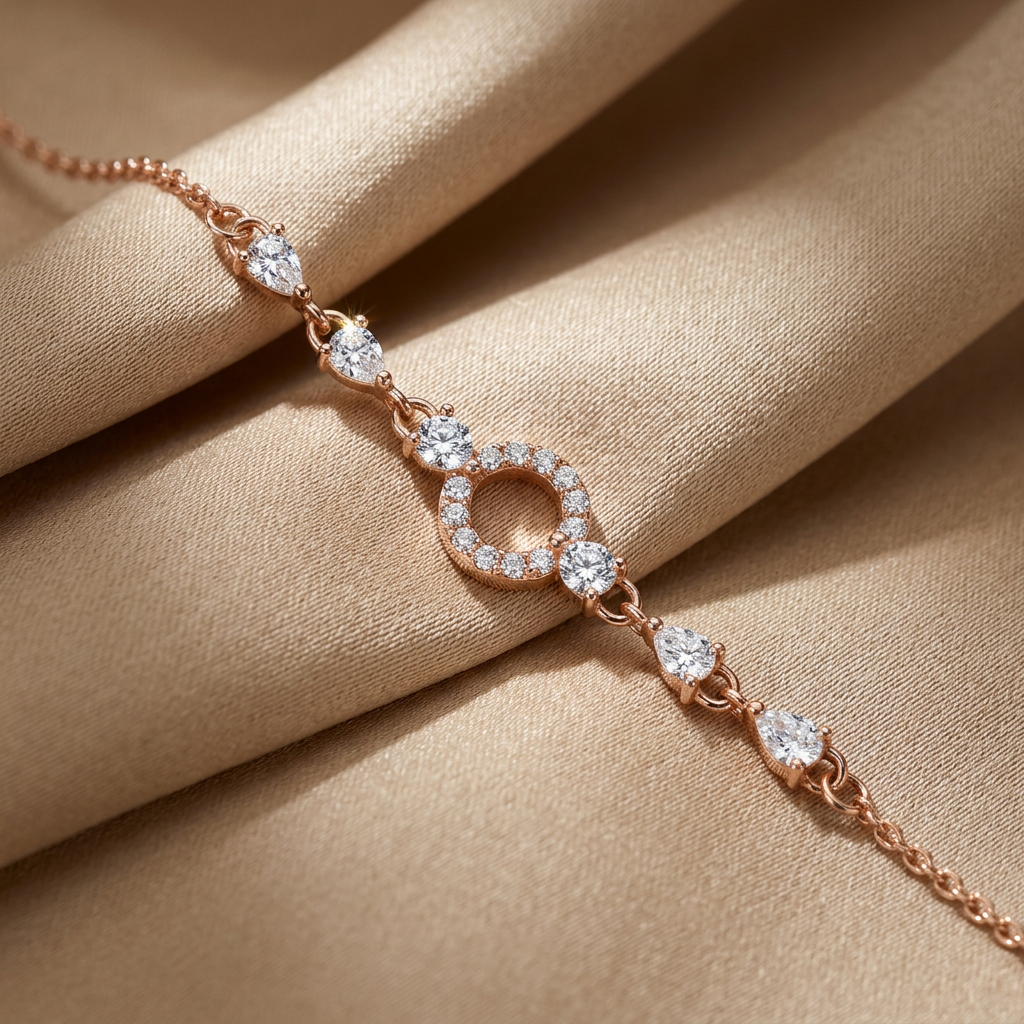 Extreme close-up of a luxury rose gold pavé bracelet showcasing a central halo and symmetric pear cut stones.