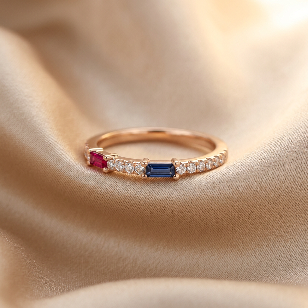 A premium multi-ring finger stack anchored by a sculptural rose gold ruby and sapphire ring with fine accent bands.