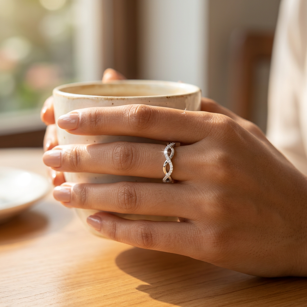 Front view of a silver diamond infinity ring showing interlaced bands set with brilliant delicate pavé stones.