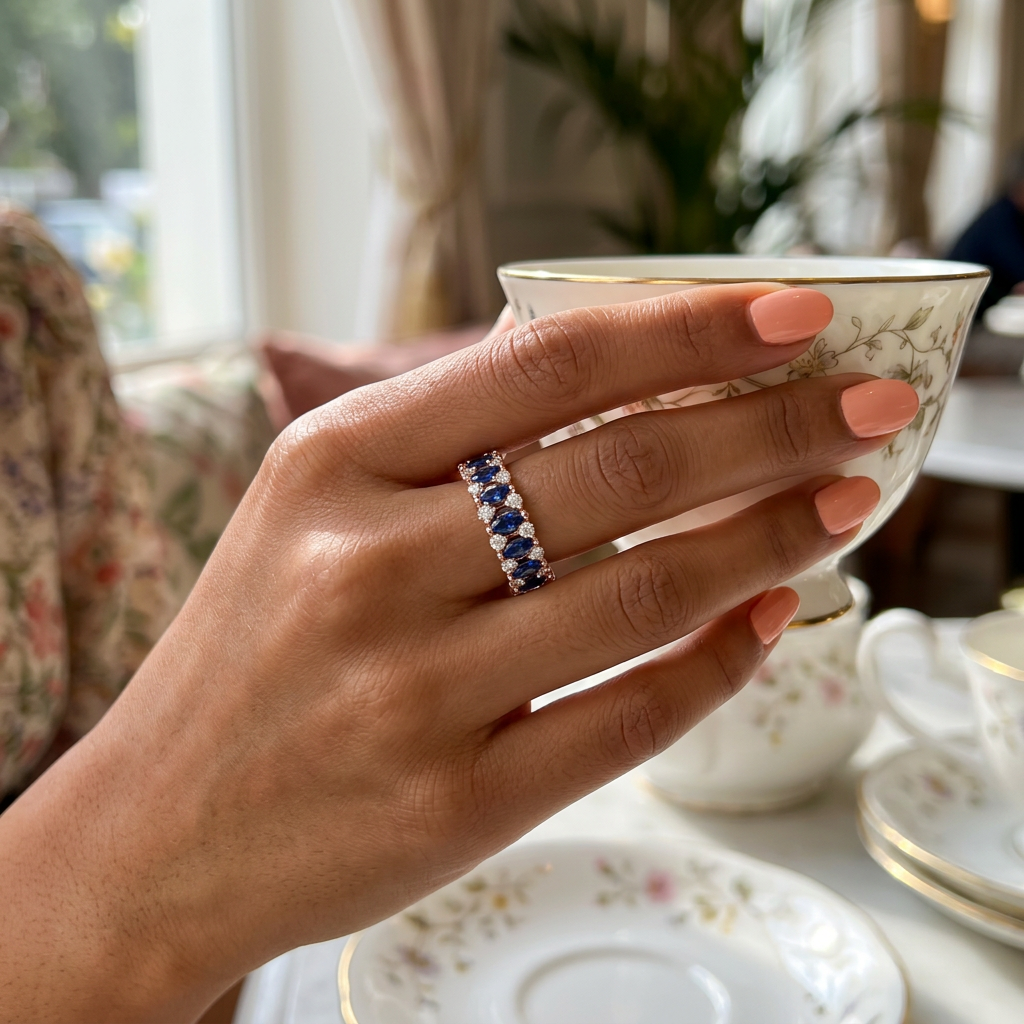A curated hand stack matching a blue marquise eternity band with slim, minimal rose gold rings.