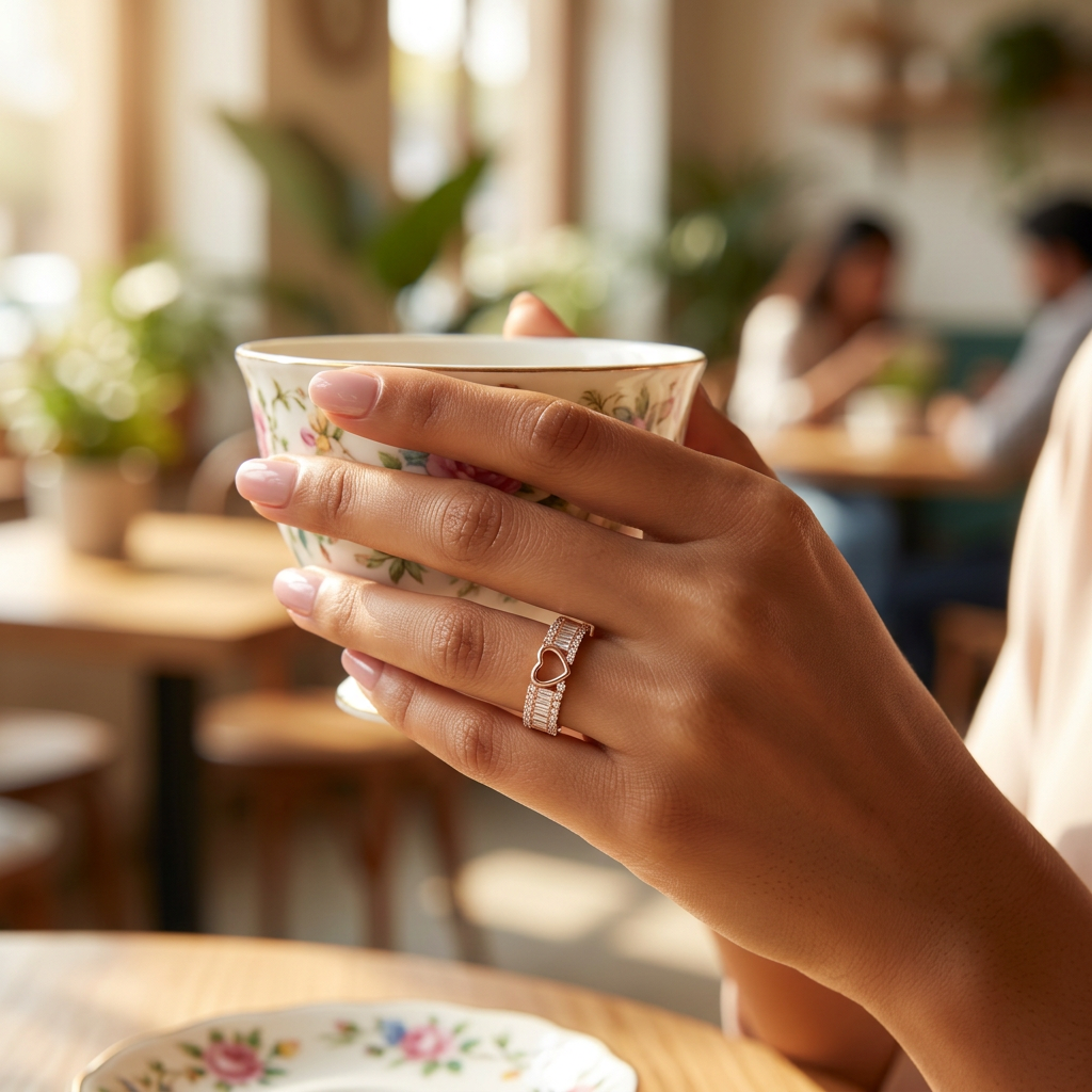 A curated fine jewelry hand stack anchoring a wide architectural heart band alongside minimal rose gold rings.