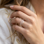 Editorial shot of a woman wearing a heavy triple row diamond pavé wedding band for a sparkling look.