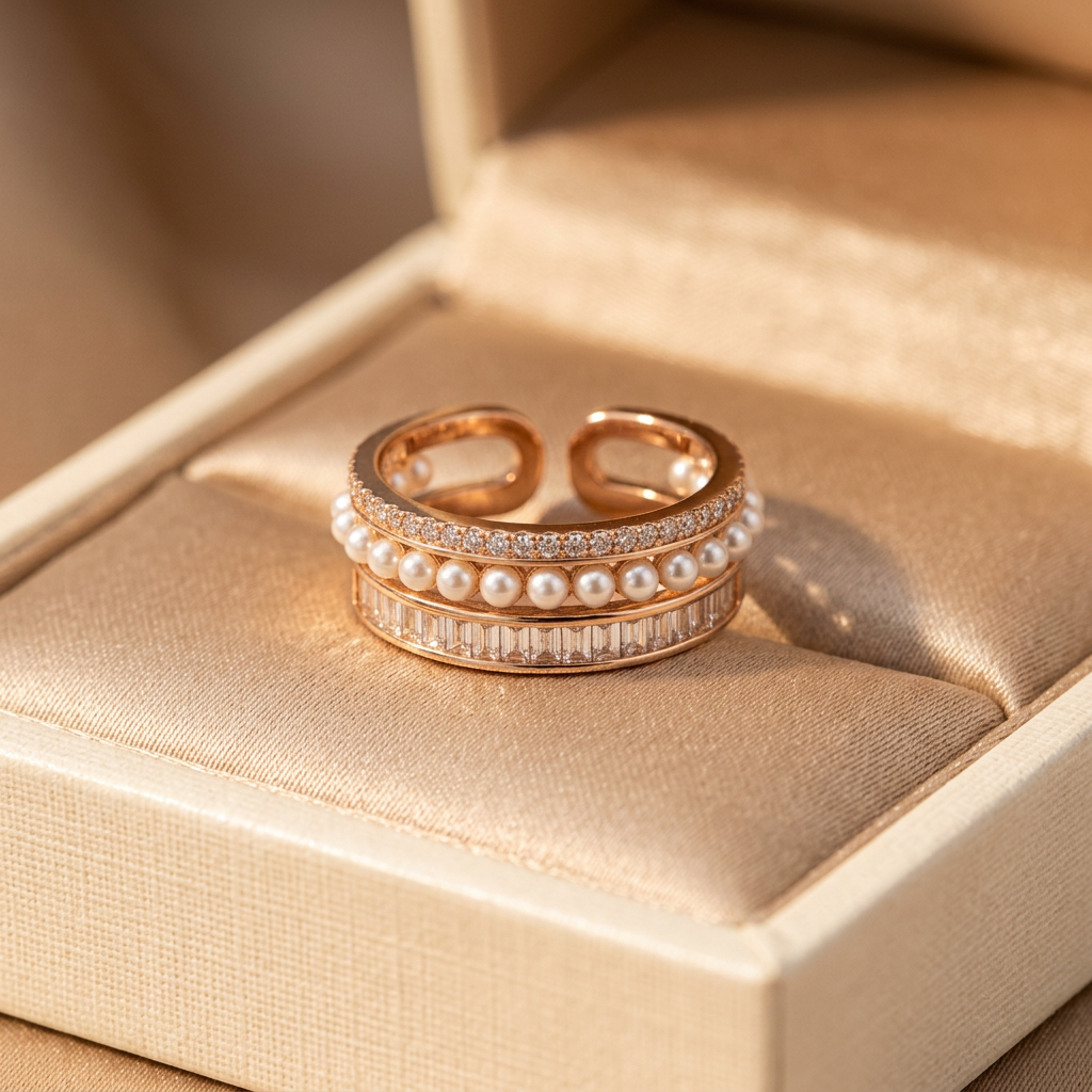 Rose gold ring encrusted with three parallel rows of brilliant cut sparkling pavé stones.