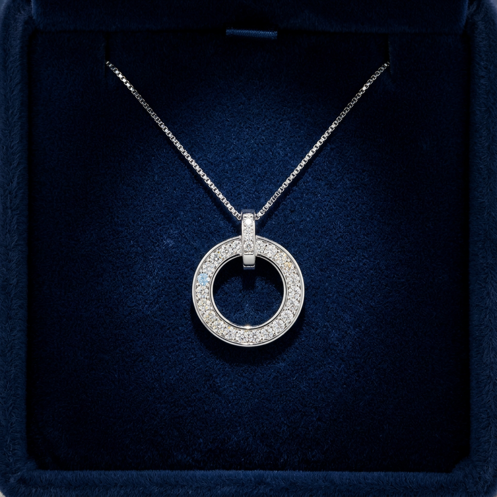 Detailed view of a white gold circle pendant lined with precision pavé-set stones for a sharp architectural finish.