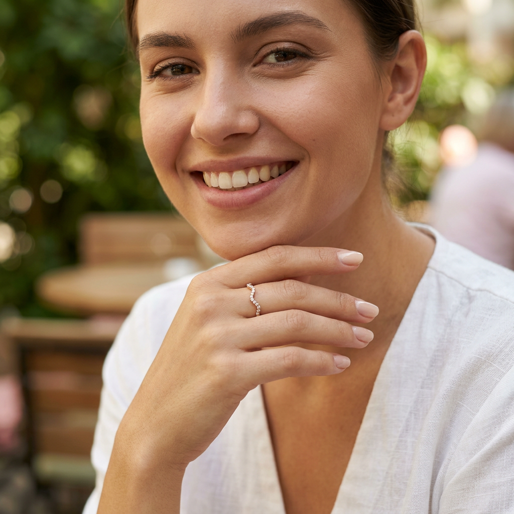Close-up of a polished rose gold wave ring highlighting the seamless line of shimmering pavé stones.