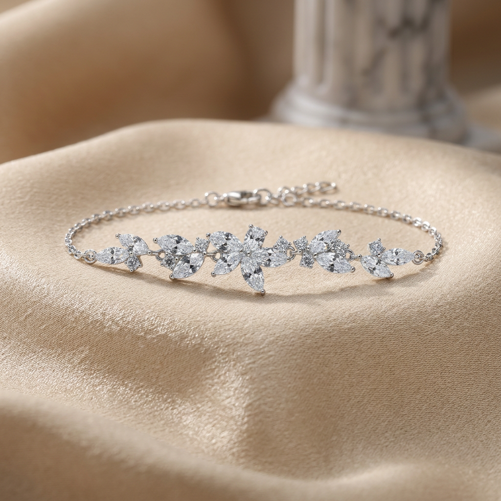 Detailed variant view of the Marquise Vine bracelet, highlighting the botanical leaf motif intricately crafted with sparkling lab grown diamonds.
