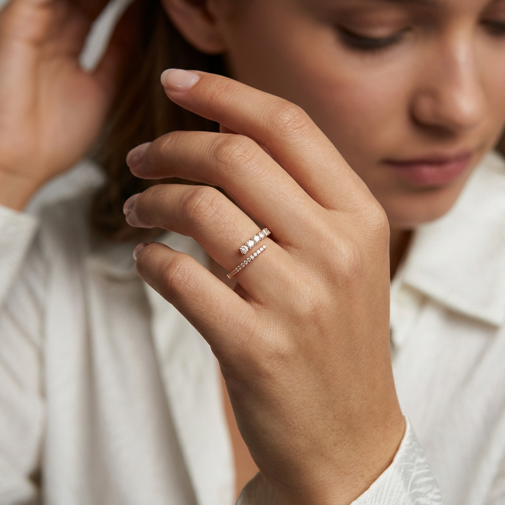 Close-up of an open gold ring showcasing the intricate interplay of fine pavé and sparkling round-cut stones.
