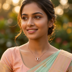 A woman wearing the delicate rose gold heart ring necklace, showcasing how it layers elegantly.