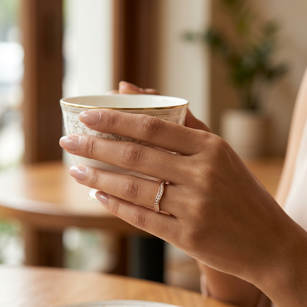 A minimalist yellow gold ocean wave ring isolated neatly on a clean gray sandstone texture block.