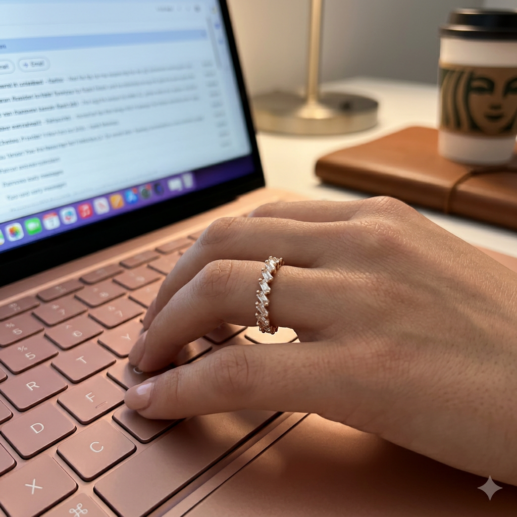 Top-down studio flat lay of a linear rose gold baguette ring isolated cleanly on a smooth premium stone tile grid.