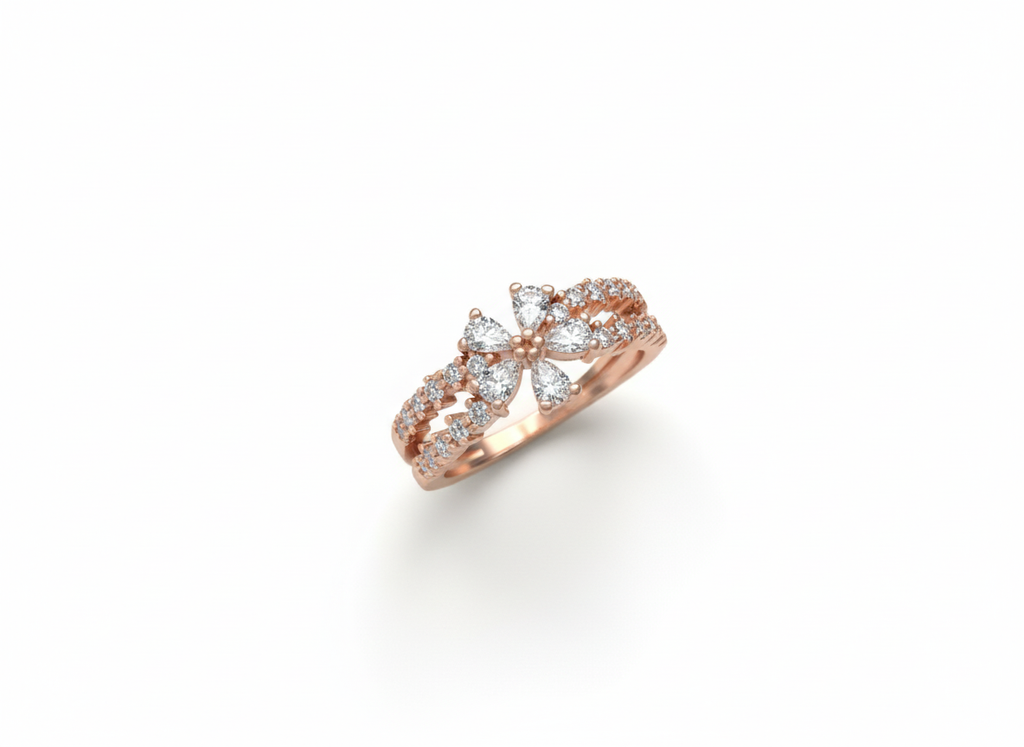 Top-down studio flat lay of a sculptural rose gold floral ring isolated cleanly on a smooth marble tile surface.