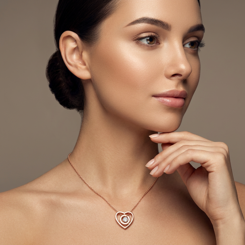 A luxury studio flat lay of a modern daily accent rose gold heart pendant necklace framing a brilliant round gemstone.