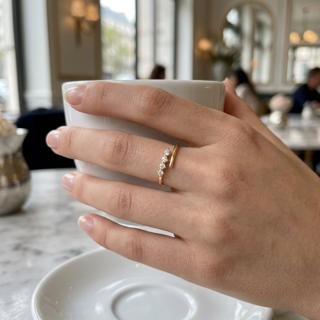 Dainty rose gold open bypass ring with four graduated sparkling diamonds styled as a solo statement on a hand.