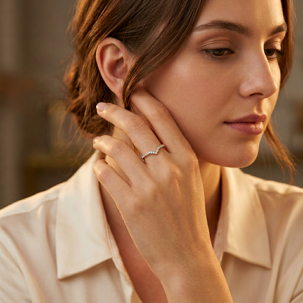 Symmetrical flat lay of a minimalist silver V band ring decorated with fine pavé stones on a clean textured surface.