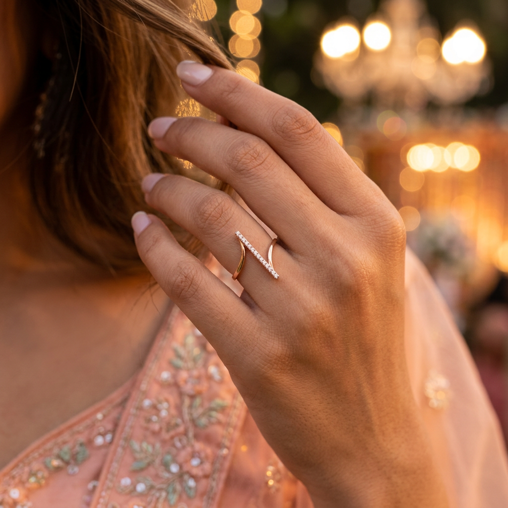 A polished gold geometric kinetic band, perfect as an upscale contemporary design ring gift for her.