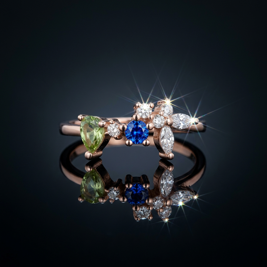 Editorial view of an asymmetric rose gold cluster ring with pear and marquise cut blue gems.