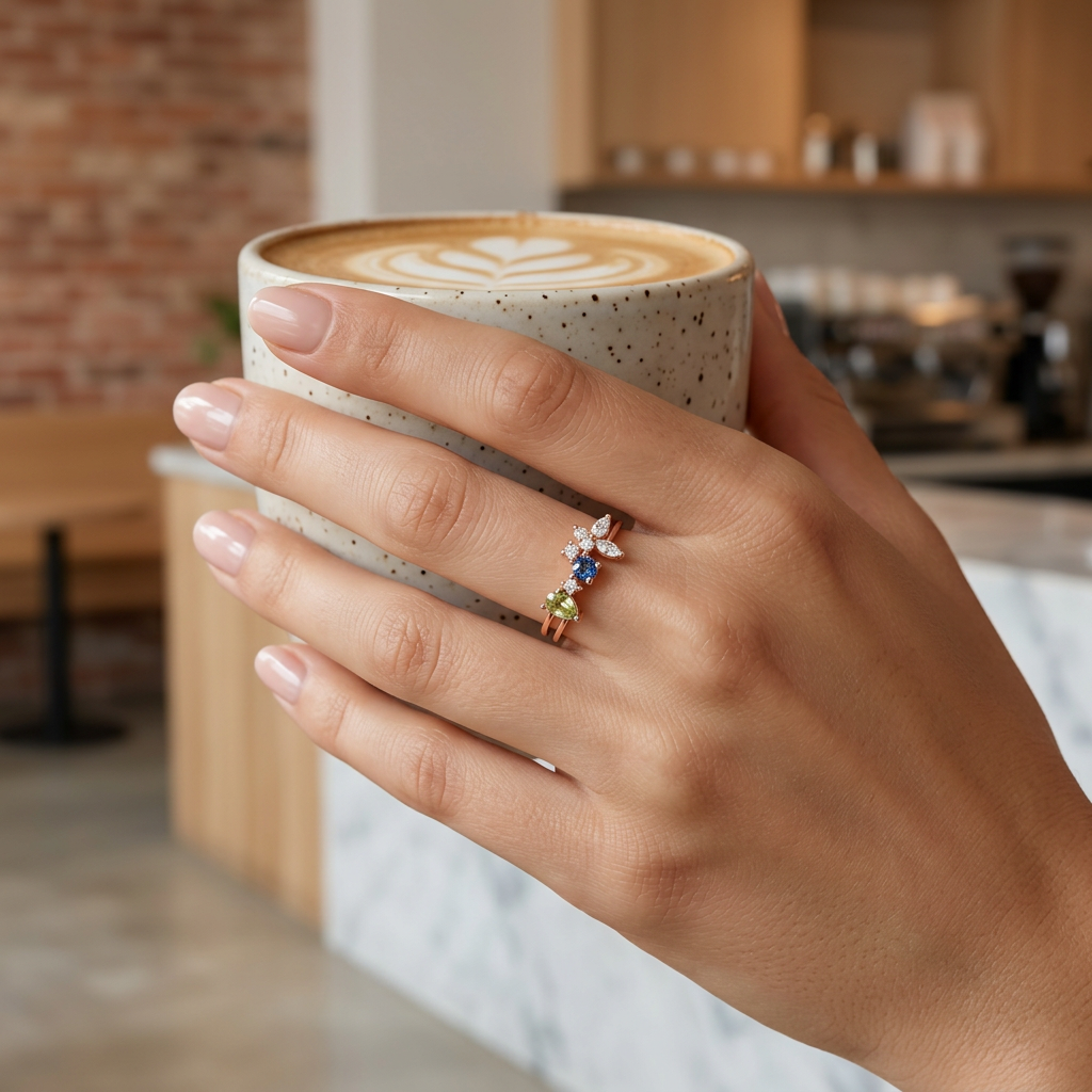 Editorial view of a model wearing an asymmetric rose gold cluster ring with pear and marquise cut blue gems.