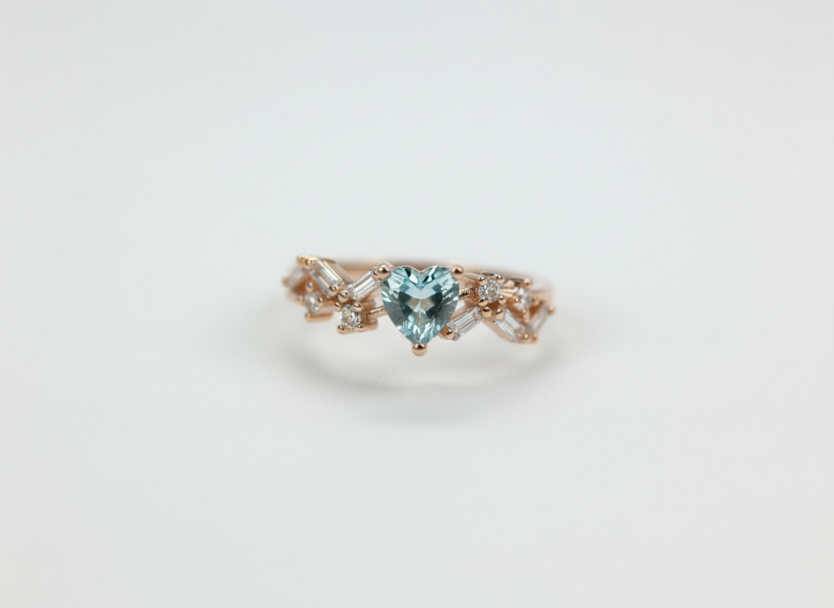 cerulean blue gemstone heart ring design for women adorned with brilliant lab grown diamonds.