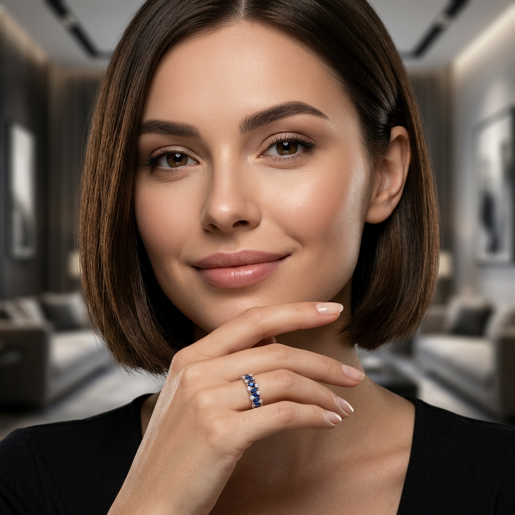 Structural rose gold eternity ring set with deep navy marquise gems and round crystals.