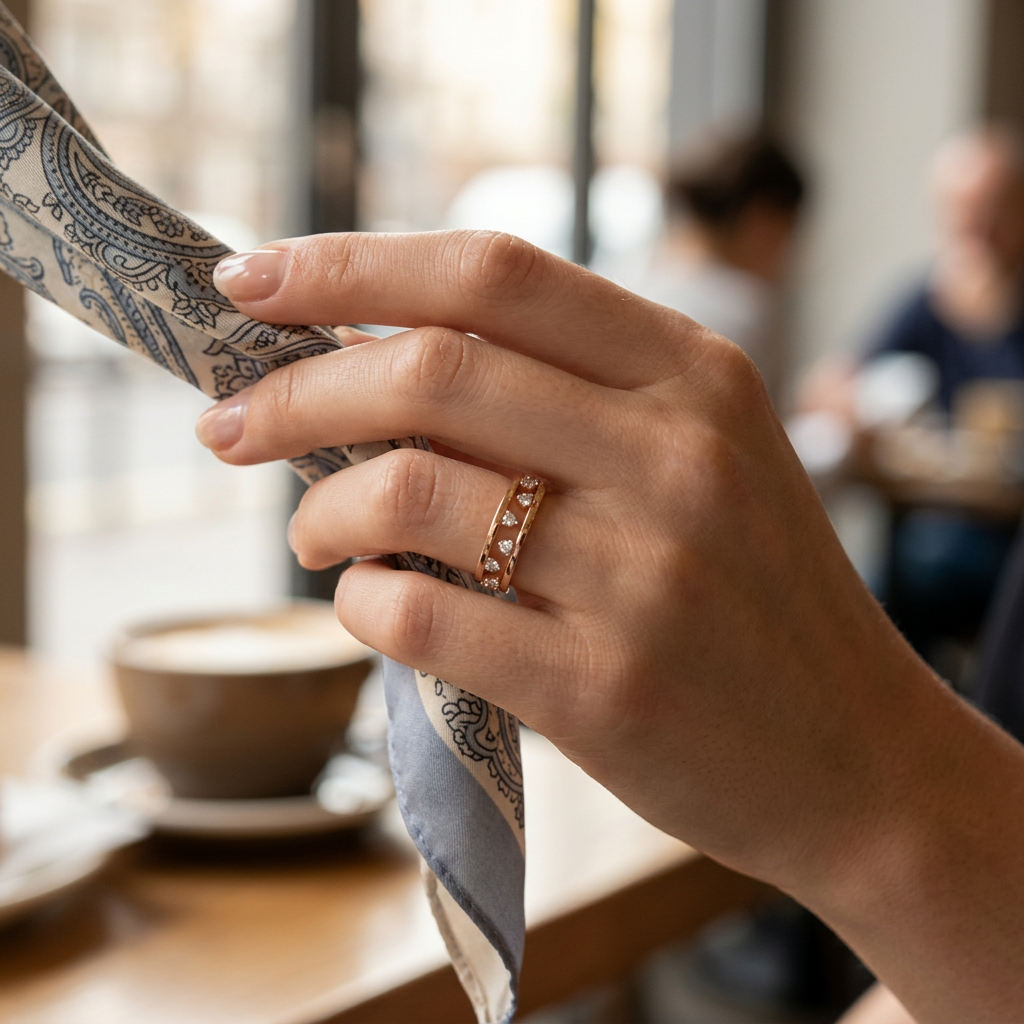 A fine rose gold open-frame ring with linear diamond rows styled on a woman's finger for a curated stack look.