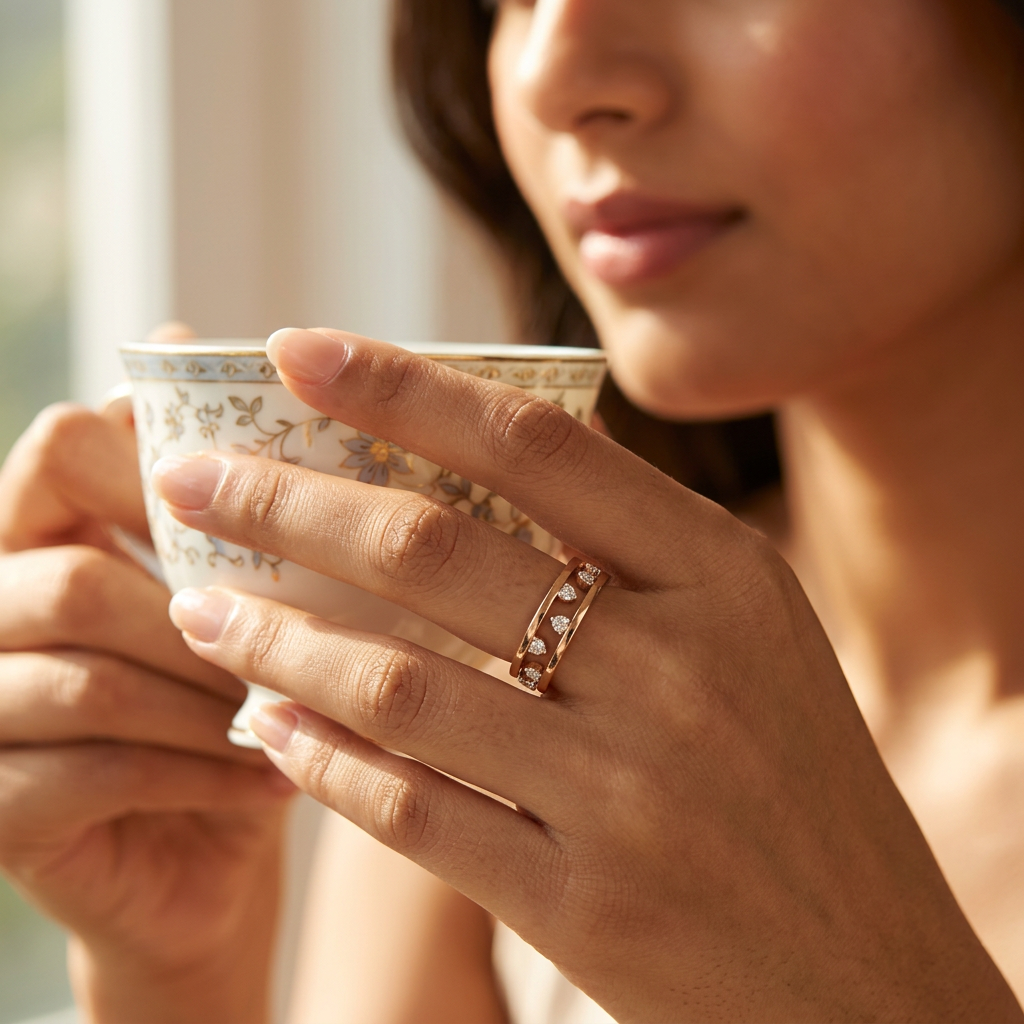 A fine rose gold open-frame ring with linear diamond rows styled on a woman's finger for a curated stack look.