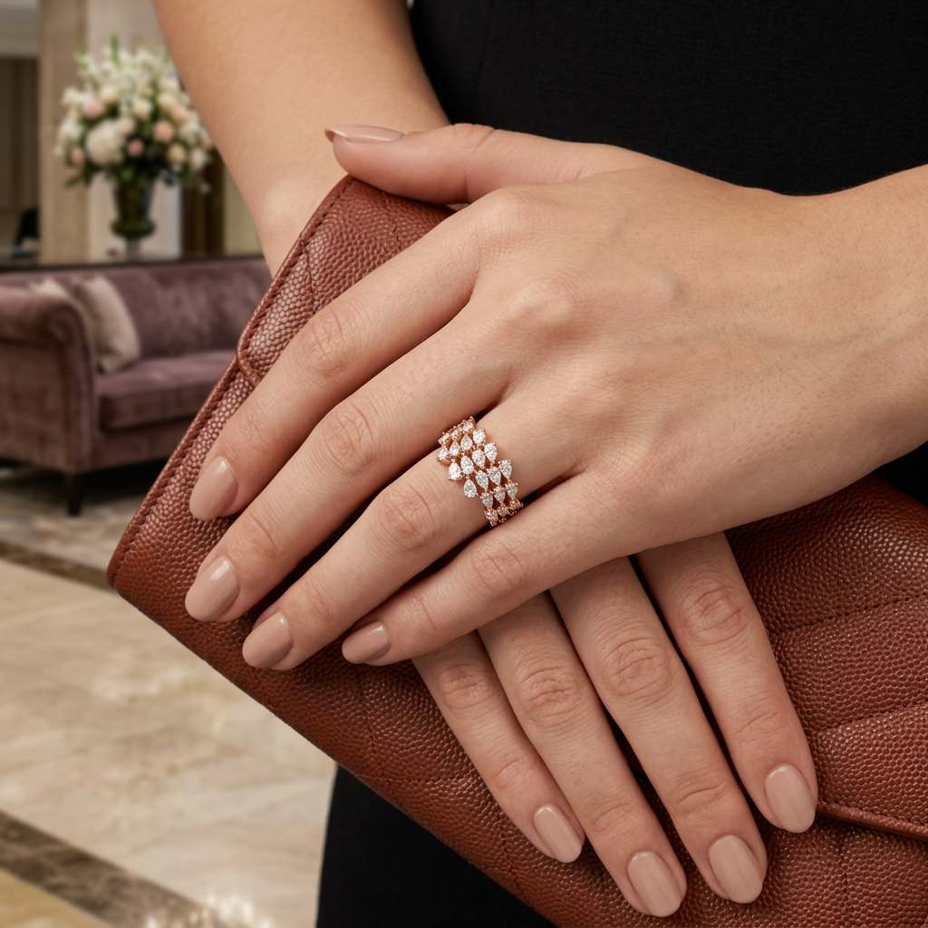 Editorial shot of a model wearing a modern rose gold floral cluster ring designed with marquise and pear gems.