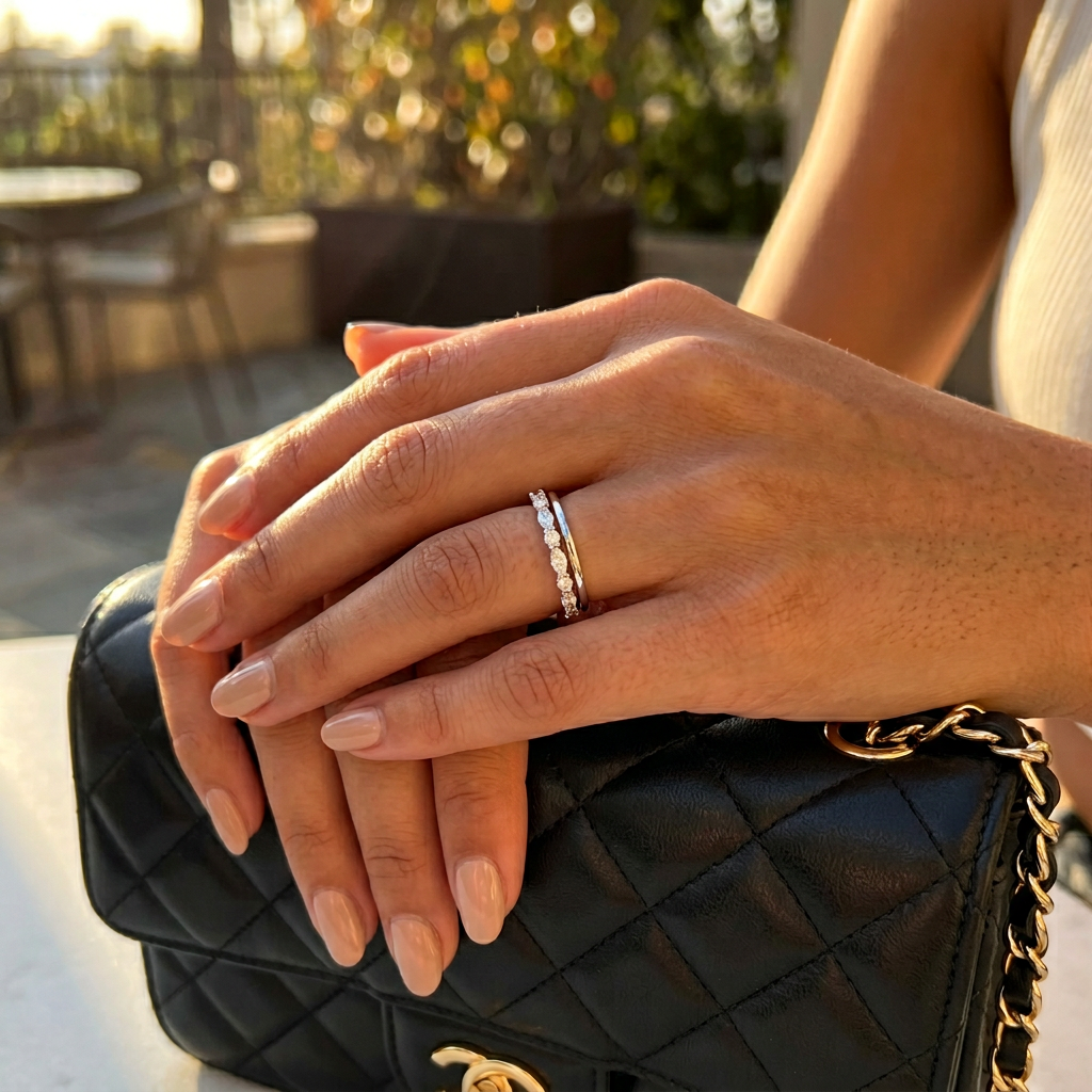A curated luxury jewelry stack highlighting an alternating marquise diamond silver band for high-contrast daily wear.