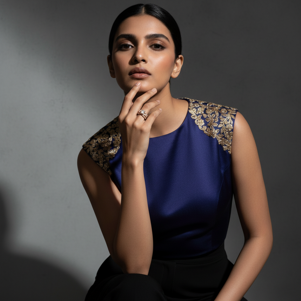 Women wearing ring. An elegant close-up view of a multi layered statement ring defining the modern stack, beautifully displaying sweeping lines of radiant pavé lab grown diamonds framing a brilliant central step cut stone.