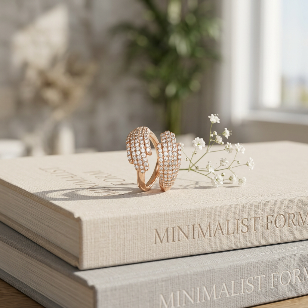 Top-down studio shot of an open rose gold bypass ring centered cleanly on a minimalist marble background.