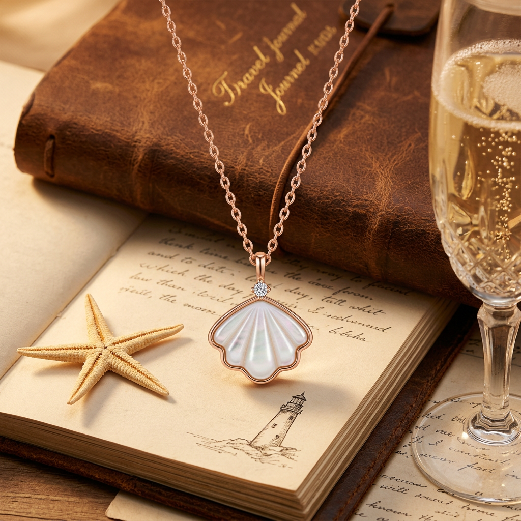 Coastal aesthetic shell necklace with sculpted mother of pearl and a single round brilliant stone accent.