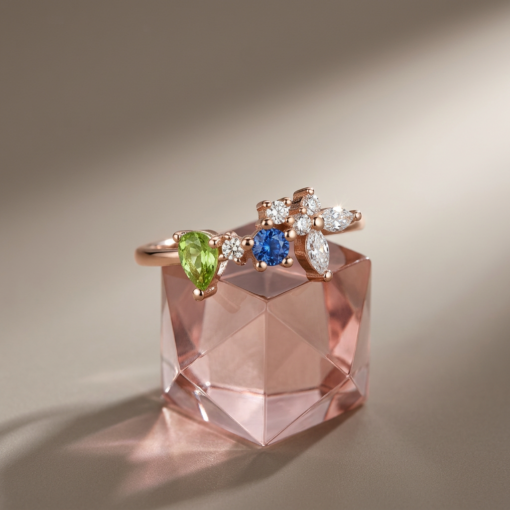 Studio flat lay of an organic rose gold cluster band with blue gemstones resting on a textured linen surface.