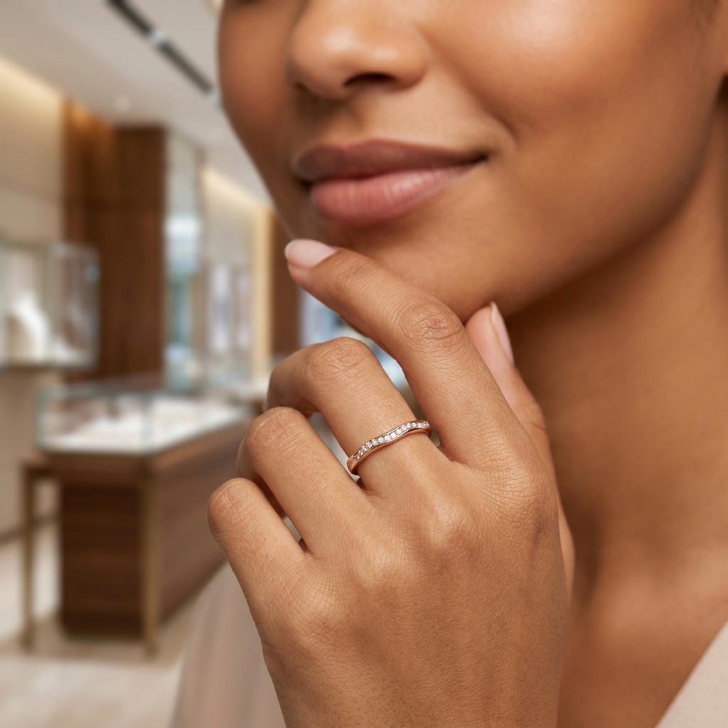 Editorial photography of a model showing an organic curved gold wave ring with a fluid silhouette.