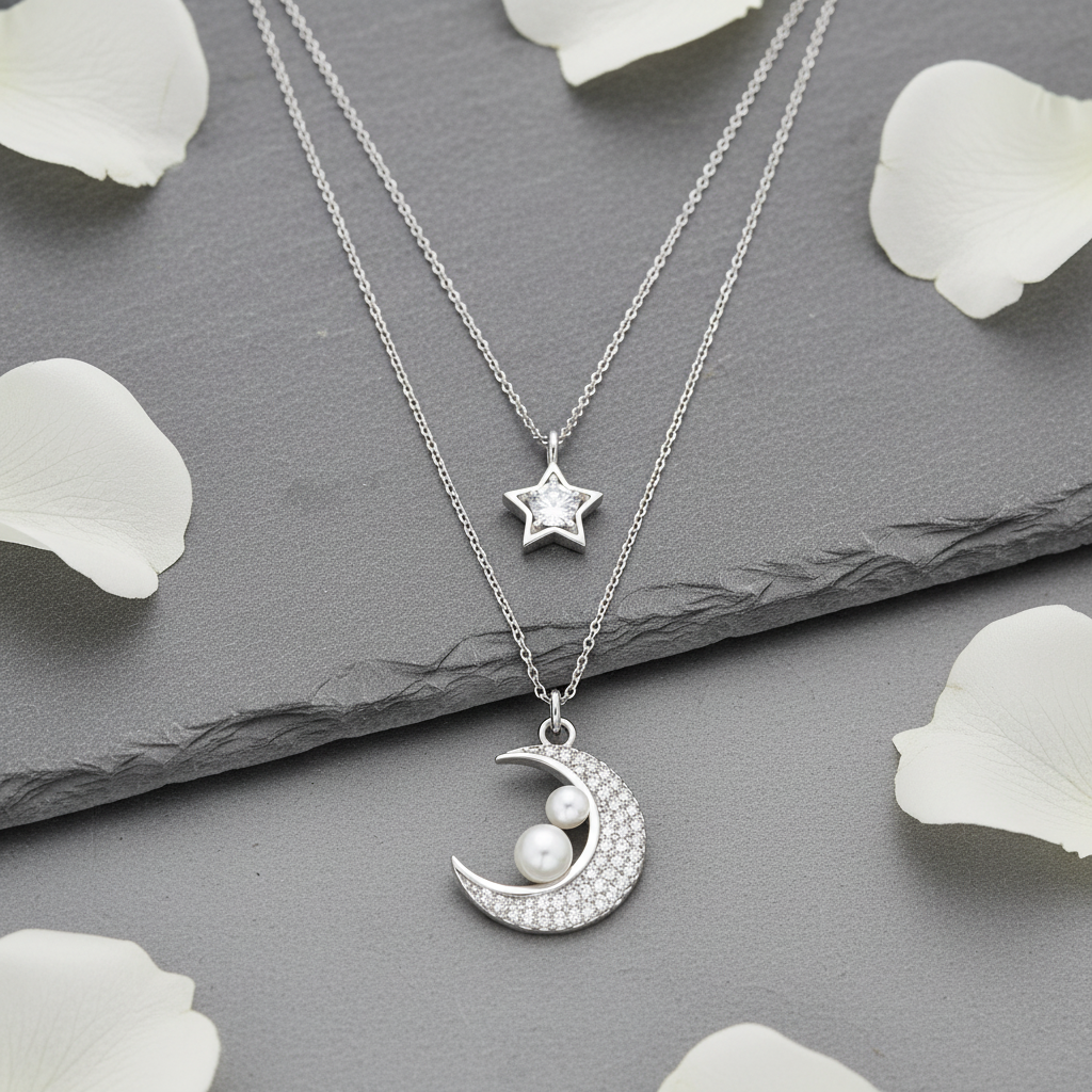 Macro shot of a shimmering pavé moon crescent pendant cradling two organic pearls in a silver setting.