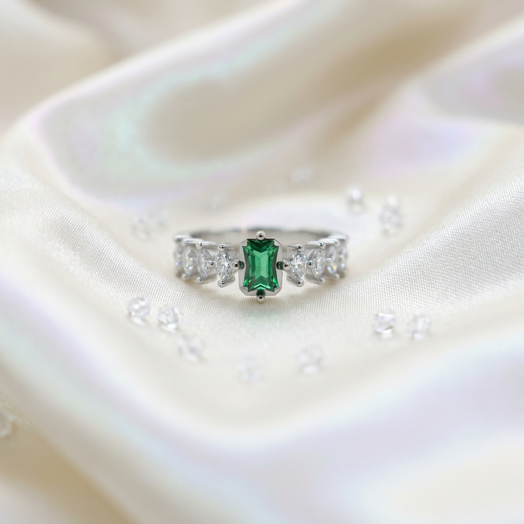 A forest green emerald ring with a rectangular stone flanked by alternating marquise and circular accents.