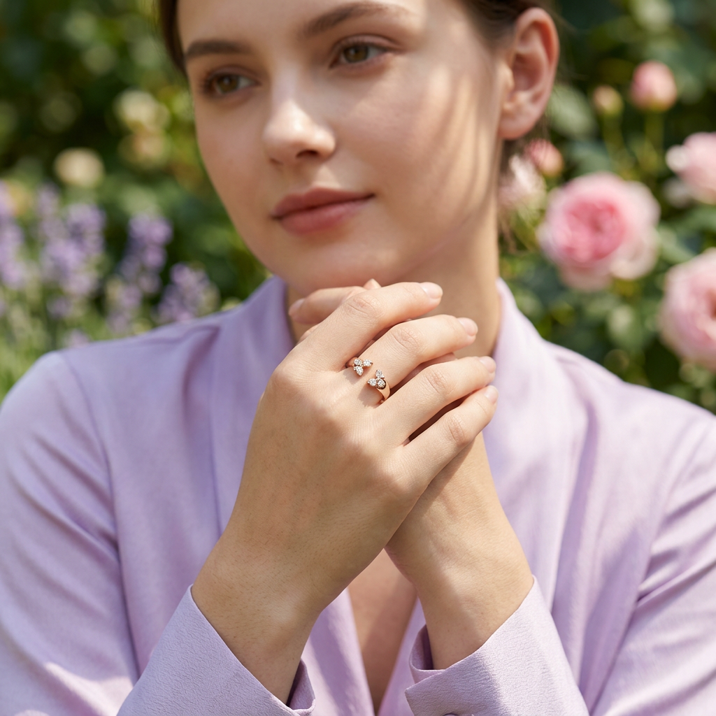 close-up of a lab grown diamond open ring showcasing the flawless prong setting and brilliant round diamonds.