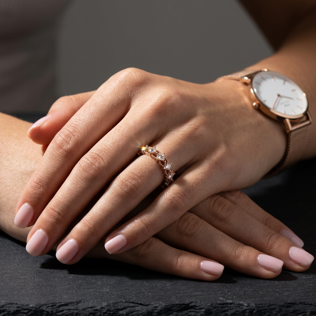 Editorial shot of a model wearing a neo-vintage rose gold band featuring architectural diamond frames.
