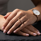 Editorial shot of a model wearing a neo-vintage rose gold band featuring architectural diamond frames.