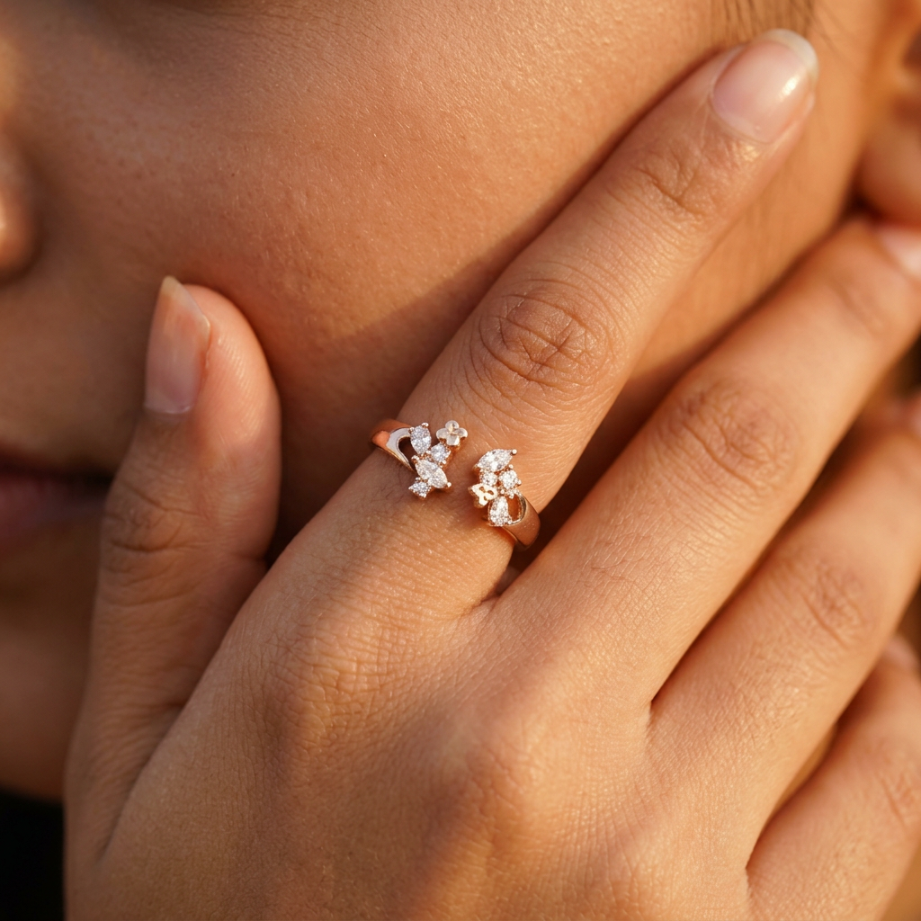 Macro close-up shot showcasing the precision pavé diamond settings on a fine rose gold open ring band.