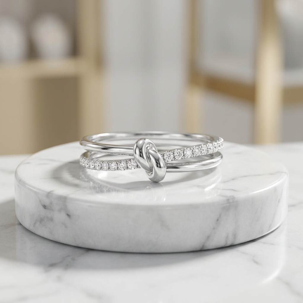 Front studio shot of a silver multi band knot ring featuring an interlaced silhouette with fine pavé diamond borders.