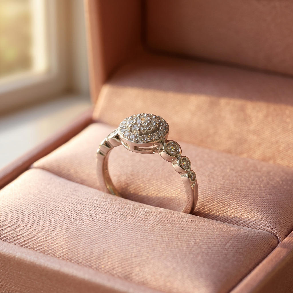 A polished silver round ring with a dense crystal cluster resting upright inside an open plush velvet gift box.