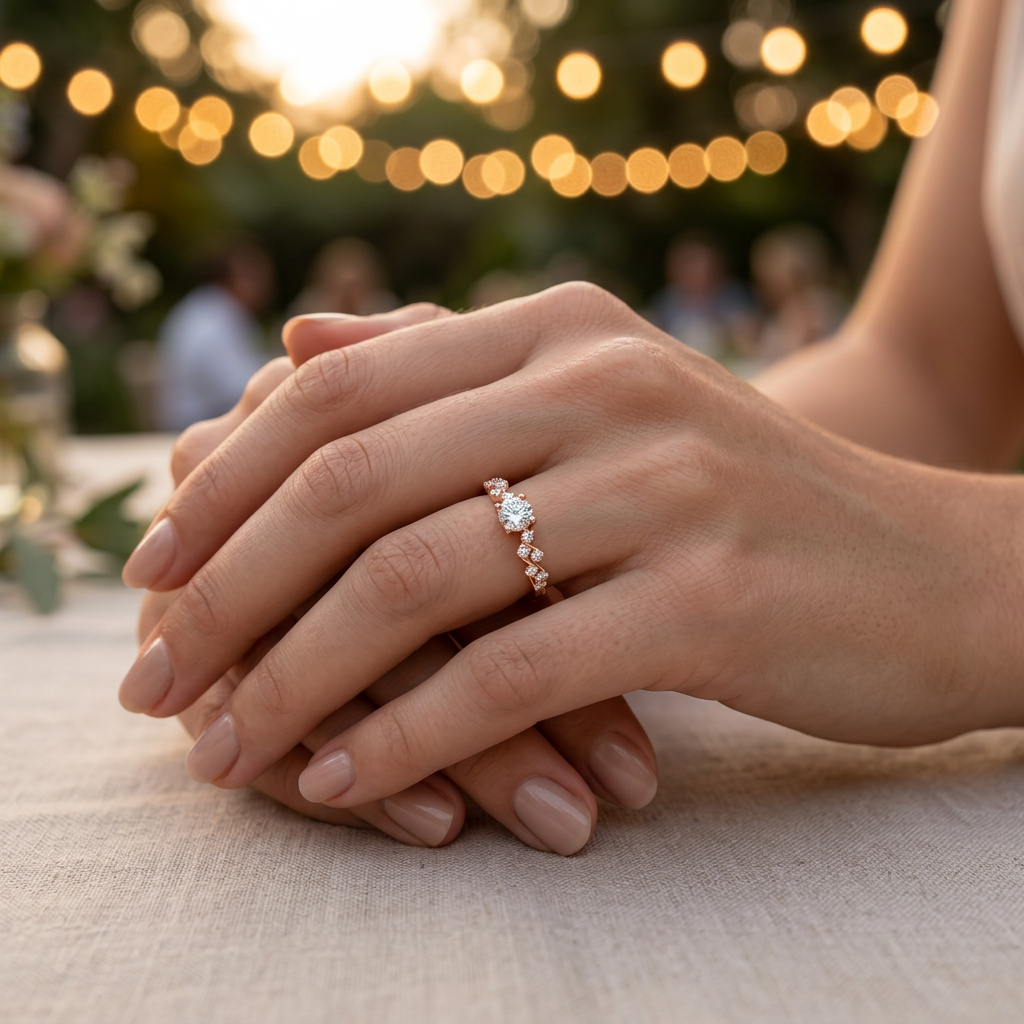 Side angle highlighting the unique architectural setting and graduated accent stones of a rose gold solitaire ring.