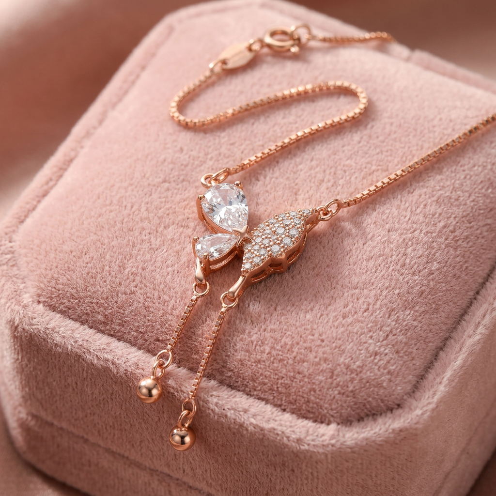 Rear perspective of a 16-inch rose gold-plated 925 sterling silver butterfly necklace highlighting the secure clasp and premium finish.