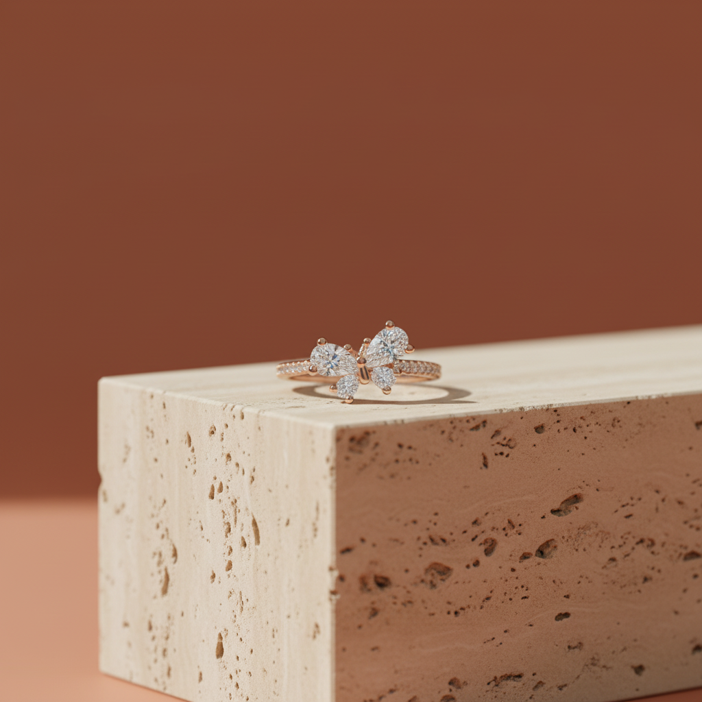 A fine rose gold butterfly cluster ring presented elegantly upright.