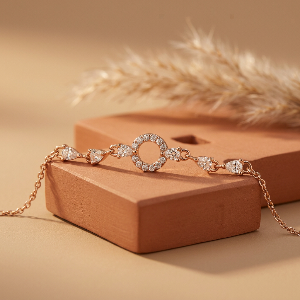 A luxury rose gold geometric charm bracelet arranged beautifully.